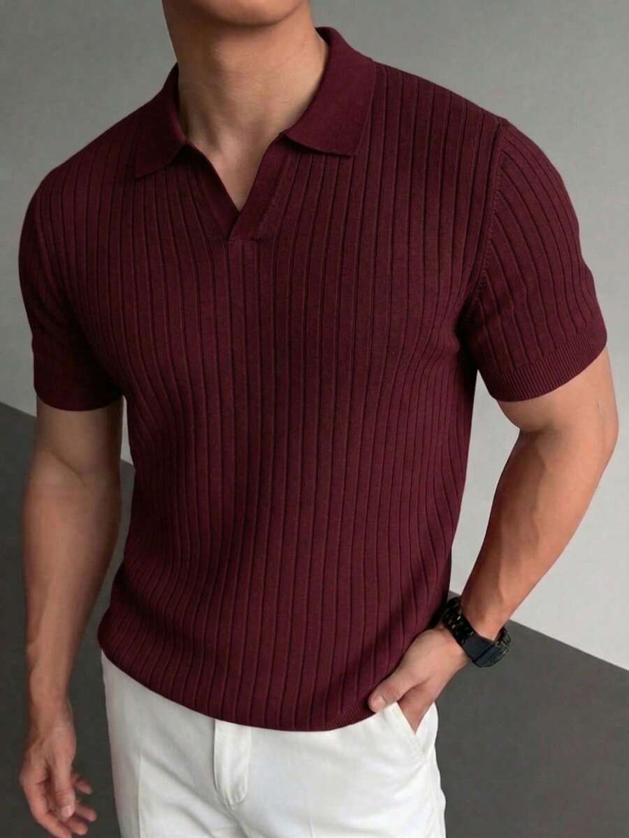 Men's Ribbed Airplane Collar Polo Knit Shirt, Short Sleeve, Summer Fashion