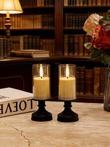 2 piezas Candelabros negros vintage de boca plana, 5 tamaños de luces electrónicas de llama falsa LED, decoración del hogar, festival y boda - Candelabro de tubo con forma de copa y borde plano - Ver 6