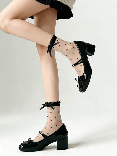 1/3双透明波点蝴蝶结玻璃丝袜，适合春夏穿着