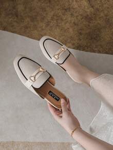 Mengshangli Mules femme de couleur unie, chaussures plates en métal pour le trajet, le bureau, les vacances, le printemps/été - Kaki - Voir 3