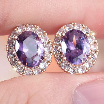Vanel 1 par de pendientes de lujo con óvalo multicolor pavimentado con circonita cúbica, diseño de palanca de halo, joyería elegante de uso diario, regalo de joyería elegante para ella