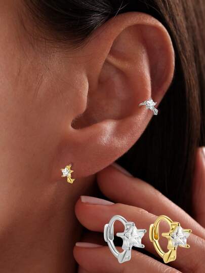 1件S925纯银极简奢华钻石镶嵌五角星耳环，精致独特的设计，适合女性日常佩戴，是送给女友、母亲和姐妹的高品质礼物。