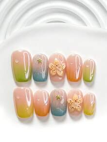 10 pièces Set d'art des ongles dégradé fait main, faux ongles pressés, décoration d'ongles en forme d'étoile de mer, décorations d'ongles à fleurs à 5 pétales faites main, vernis à ongles jaune-vert-bleu-orange, style frais naturel, comprend des outils à ongles (1 autocollant en gelée + 1 lime à ongles), 3 tailles disponibles : carré, carré court, amande, convient pour les rassemblements, le port quotidien, les fêtes, la photographie, les déplacements printemps/été - Multicolore - Voir 4