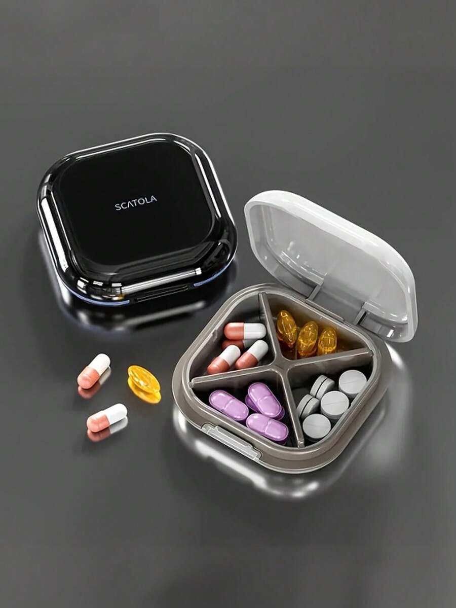 4-Compartment Portable Travel Pill Box - Vitamin Supplement Pill Organizer, Compact Jewelry & Medication Storage Container, Suitable For Daily Use And Outdoor Carry, Fashionable Pill Box With Safety Cover, Unique Decorative Travel Storage Box, Gift For Friends