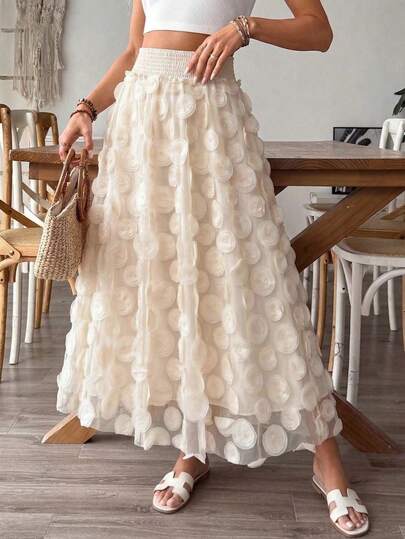 女士百褶裙，双层设计，层叠圆形装饰，优雅休闲，涤纶面料，花卉图案，适合度假、办公、日常、约会、旅行等各种场合，四季皆宜。