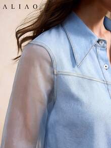 ALIAO Women's Modern Fashionable Versatile Elegant Sophisticated Business Commute Shirt, High-End Mesh Patchwork Denim Effect Texture Breathable Double-Breasted, Suitable For All Seasons - Light Wash - View 4