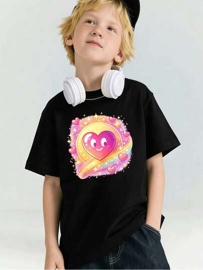 Camiseta infantil con estampado gráfico de corazón galáctico, algodón de primera calidad, cuello redondo, corte holgado, cómoda, estampado gráfico único.