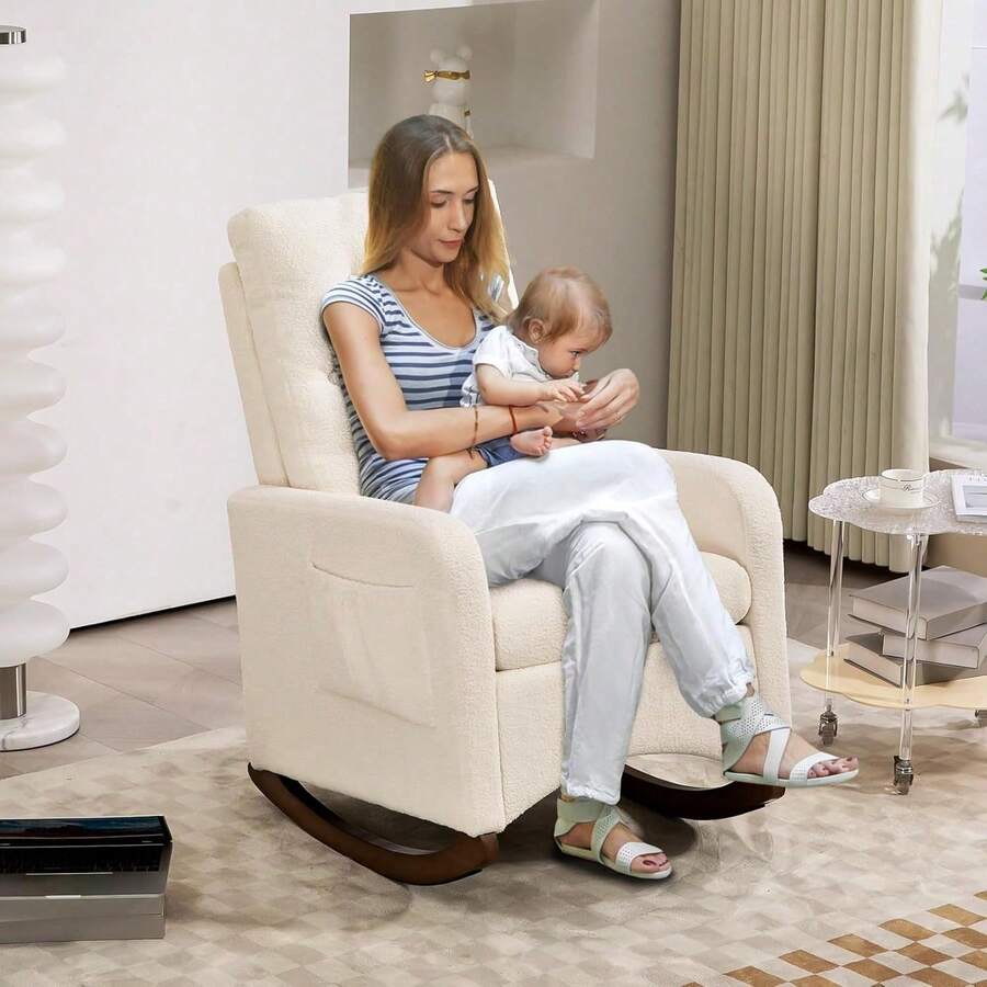 Silla de enfermería cómoda y elegante con estructura de madera de goma y tapicería de peluche respaldo alto para soporte lumbar bolsillo lateral práctico perfecta para sala de estar guardería o dormitorio - Blanco - Ver 1