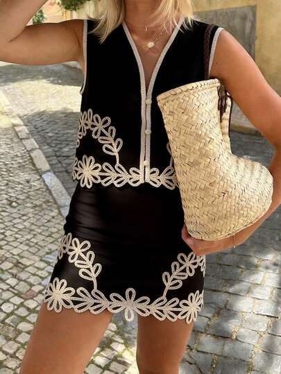 PoPoHouse Kadın Yazlık Bohem Tarzı 2 Parça Kolsuz İşlemeli Askılı Bluz ve Etek Takımı Siyah