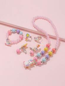 6pcs/Set Kids Unicorn Beaded Necklace, Bracelet, Earrings, Ring Jewelry Set, Suitable For Daily Wear, Holiday Party, Birthday Gift For Girls - one-size - View 5