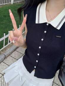 海军蓝撞色领无袖针织开衫，休闲韩版Polo领真丝混纺上衣，女士夏季 - 藏青色 - 查看 9