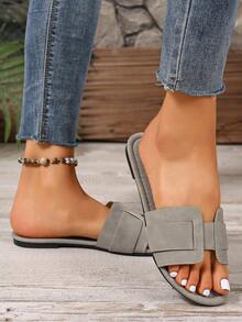 韩式休闲平底拖鞋，露趾编织罗马凉鞋，适合春季、夏季、海滩、度假、搭配连衣裙、居家穿着，棕色 - 灰色 - 查看 3