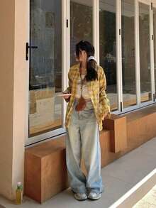 女士春季新款复古棉质格子长袖衬衫式上衣 - 黃色 - 查看 6