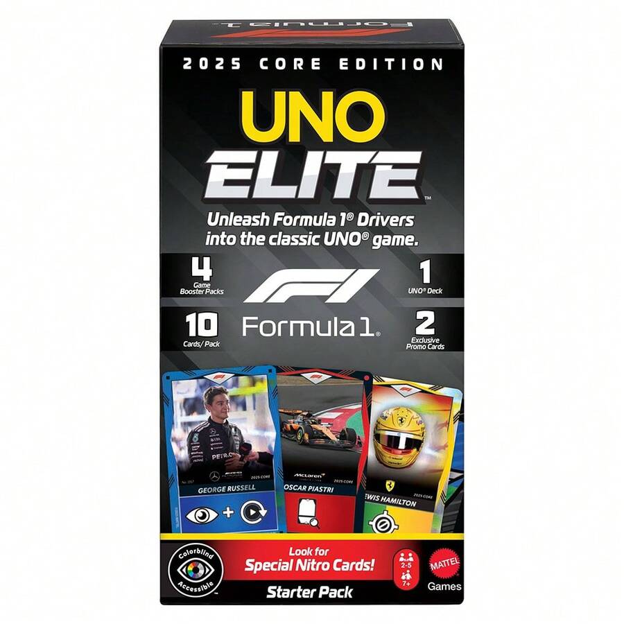 Mattel Mattel 美泰游戏出品的UNO精英版一级方程式2025核心版入门卡牌游戏，包含4个游戏补充包和2张促销卡，适合儿童、粉丝、家庭和游戏之夜。