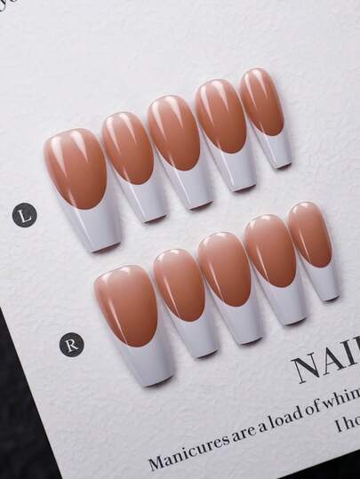 Bộ 10 móng giả hình quan tài, độ dài trung bình, làm thủ công hoàn toàn, có thể đeo được (bao gồm bộ dụng cụ làm móng), bộ móng kiểu Pháp tối giản màu hồng nude và trắng dành cho nữ, móng giả bóng, phù hợp cho công sở, trang phục hàng ngày, dự đám cưới và các dịp thường nhật.