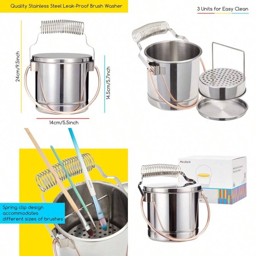 MEEDEN - Arandela portátil para brochas de pintura: limpiador hermético de acero inoxidable con capacidad extragrande soporte para pinceles para pintura al óleo y acrílica - Plata - Ver 1