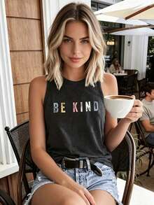 Printed Fashion Tank Top, Crew Neck Sleeveless Tank Top T-Shirt, Women's Swear. - 灰色 - 查看 2