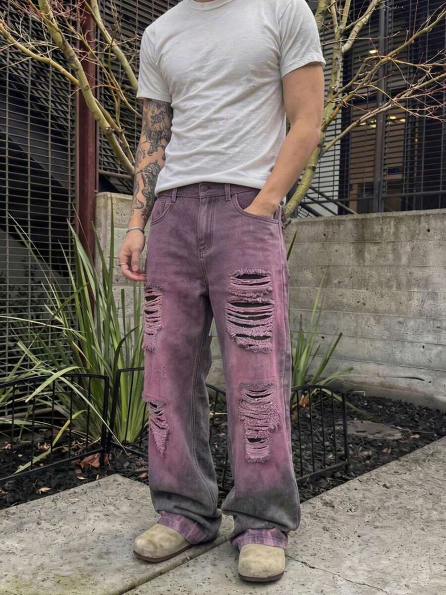 Quần jeans denim rách gối kiểu Gothic dành cho nam, thiết kế miếng vá thêu, quần ống rộng dáng rộng thường ngày, phù hợp với mọi mùa - Màu tím - Xem 1