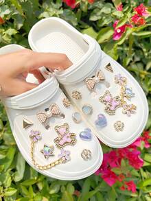 18pcs Gold & Purple Bear Shoe Charms, Gold Chain Shoe Decorations, Accessories, Shoe Clips, Shoe Decorations, Cute Pink Series Suitable For Sandals, Beach Shoes, Garden Shoes, DIY Accessories - Gold - View 3