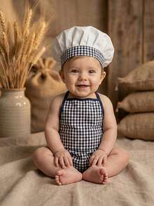 2 Stück Neugeborenen Fotografie Requisiten süßer karierter Kochmütze und Schürze Set, Baby Fotoshooting Zubehör für Innenaufnahmen - Verschiedenfarbig - Übersicht 4