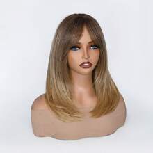 16 Inch Light Brown Medium Length Layered Wig With Bangs, Synthetic Hair For Daily Wear - Gold - View 10