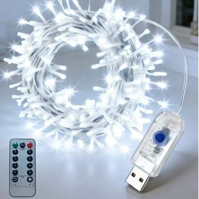 Dây đèn LED trang trí 8 chế độ, cổng USB 5V, điều khiển từ xa, dây PVC, ánh sáng trắng dịu mát, thích hợp trang trí đầu giường, đám cưới, tiệc tùng, sinh nhật, Giáng sinh, sân vườn, ban công, phòng ngủ, tạo không khí lễ hội và làm quà tặng.