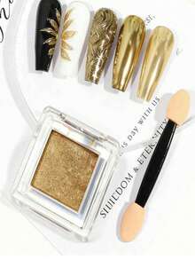 1 Set Manicure Solid Color Magnetic Mirror Powder,Gold Rainbow Metallic Mirror Effect Pearlescent Mermaid Powder Pearl Glitter Set,Comes With 1 Brush Applicator, Suitable For Nail Salon Or DIY At Home Nails - Gold - View 2