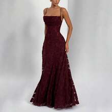 Solid Color Spaghetti Strap Backless Maxi Dress Hem Long Evening Gown Bodycon Dress Elegant - Burgundy - View 5