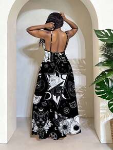 Black And White Gothic Cat Print Maxi Dress With Pentagram And Moon Symbols Plus Size Spaghetti Strap Long Dress For Women Casual Outfits For Leisure And Sports Activities - 白色 - 查看 3