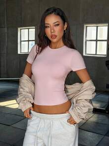 Aoqta Sports Women's Summer Casual Solid Color T-Shirt, Slim Fit Short Sleeve Round Neck Sports Tee, Basic Minimalist Style Suitable For Yoga, Running, Workout, And Daily Wear - Pink - View 9