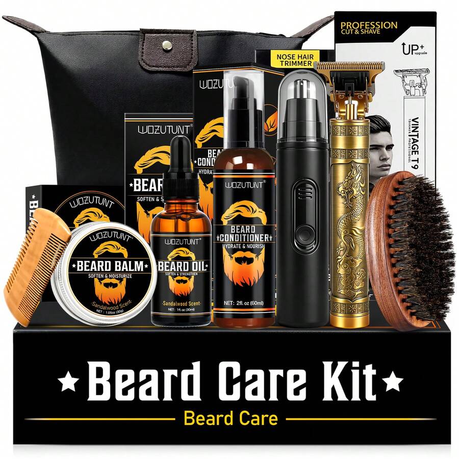 8pcs Men's Beard Care & Multi Grooming Kit, T-Blade Hair Clipper & Nose Ear Trimmer, Beard Wash, Oil & Balm, Comb, Brush With Storage Pouch & Gift Box, Cleansing Softening Moisturizing Shaping Nourishing, Washable, For All Beard Types Daily Grooming - Beard Care - View 1