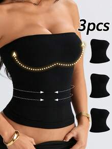 3 piezas de tops de camisola casual sin costuras, con tirantes transparentes invisibles, transpirables para el verano, que levantan el busto y estilizan la cintura - Negro - Ver 1