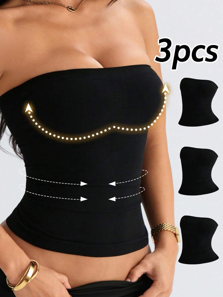 3 piezas de tops de camisola casual sin costuras, con tirantes transparentes invisibles, transpirables para el verano, que levantan el busto y estilizan la cintura - Negro - Ver 1