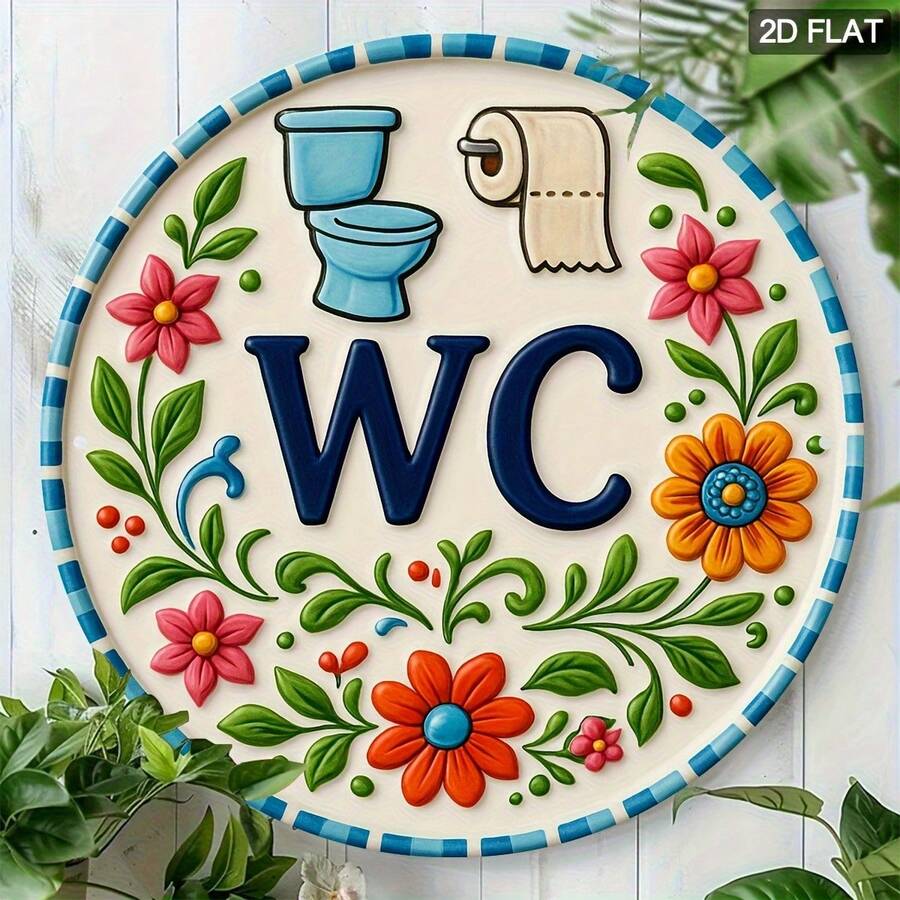 1件趣味浴室墙面艺术标牌 - 2D扁平圆形牌匾，包含马桶、花卉和WC图案，高品质防尘，适用于家居、婚礼、派对、节日装饰、浴室装饰、派对装饰，新颖设计，高品质金属材质，婚礼装饰礼品，2D扁平