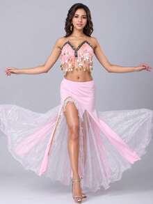 女士肚皮舞服装套装，包括露脐上衣、胸罩、臀巾和开衩裙，适合万圣节 - 彩色 - 查看 10