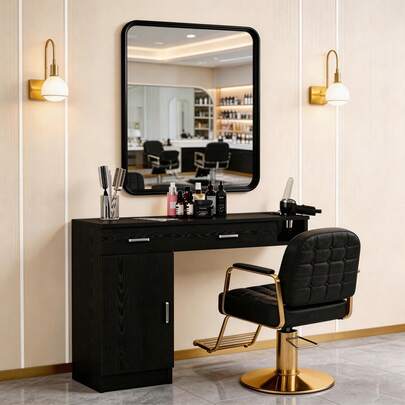 Barber Salon Station Wall Mount Hair Styling Salon Equipment Set Beauty Spa Furniture Set, Salon Stations For Hair Stylist, Mirror Not Included, White/ Black/ Pink