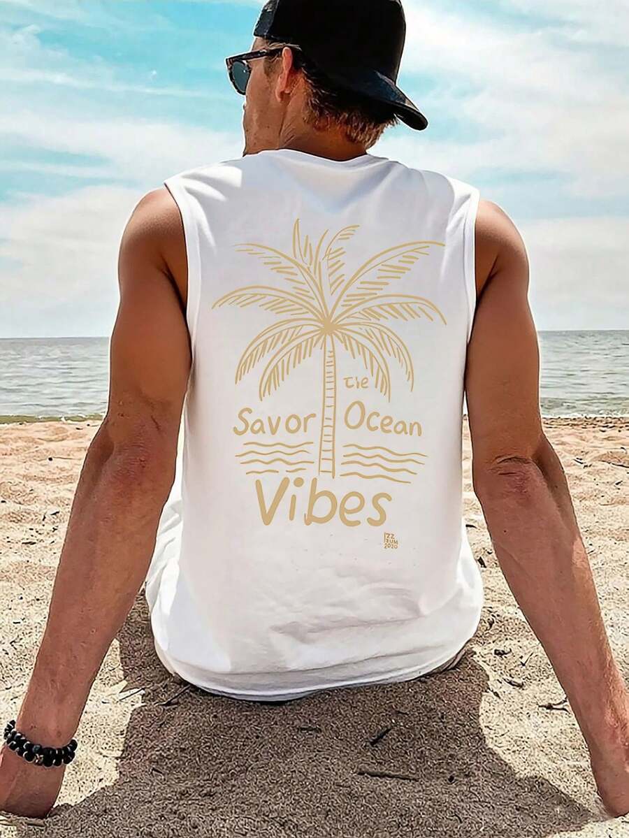 1pc Men's Casual Sleeveless Tank Top With English Coconut Tree Print, Summer - White - View 1