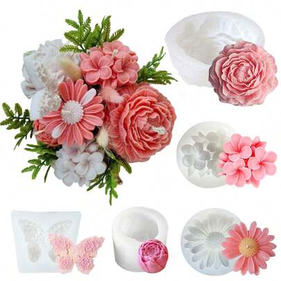 5pcs Peony Rose Butterfly Candle Silicone Molds, DIY Soy Wax Flower Bouquet Molds, Daisy Plumeria Ceramic Resin Crafting Materials, Handmade Wedding Decor, Proposal Luxury Gift