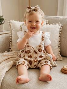 Baby Girl Summer Outfit Summer Clothes Faux Two-Piece Design Flower Print Ruffled Trim Short Sleeve Romper And Bow Headband 2 Pcs Set Waffle Stripe - 杏色 - 查看 4