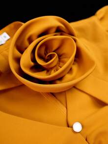 AOMEI Women's Elegant Long Petal Sleeve Ruffle V-Neck Floral Decor Blouse, Suitable For Office Work And Daily Wear - Mustard Yellow - View 8