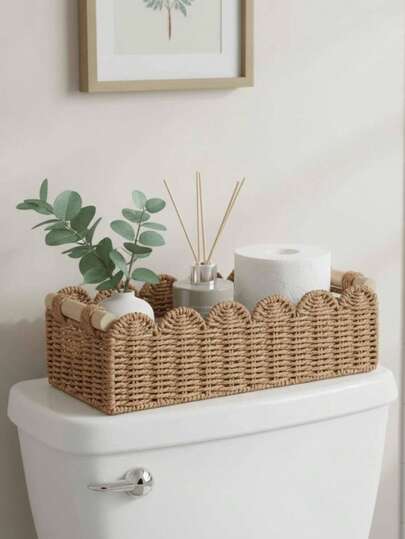 Paper Rope Fan-Shaped Edge Storage Basket, Suitable For Small Living Room Bedroom Decor Basket, Can Be Used For Bathroom Storage Rack, Coffee Table, Shelves, Neutral Color Tone With 2 Wooden Handles