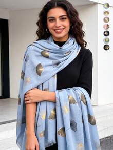 1件优雅竹节纱线印花流苏头巾，叶子箔金女士头巾，柔软材质，多功能防晒/防风头巾披肩，适合日常生活/节日派对/宴会场合 - 彩色 - 查看 12