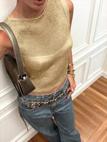 Mejors 女士休闲可爱 Y2K 风格闪亮半透明无袖针织吊带背心，圆领细肩带，新款时尚街头服饰，适合约会、乡村音乐节、夜店派对、春夏外出等场合。 - 淺金色 - 查看 10