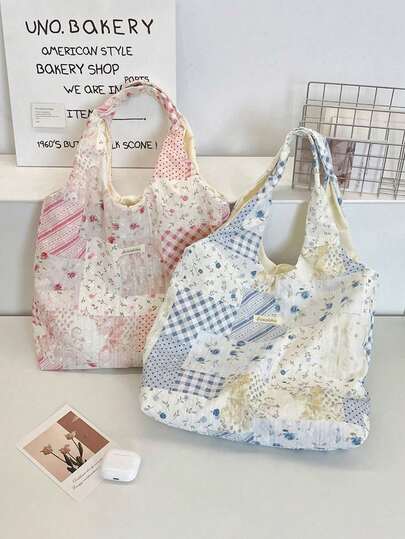 1Pc Summer Floral Pattern Handheld Bag, Large Capacity And Gentle Style Patchwork Floral Shoulder Bag, Women's Large Capacity Tote Bag, Student Class Commuting Shoulder Bag, Suitable For Daily Shopping Travel School Office, Suitable For Storing Tablet, Sanitary Napkins, Pad, Wired Earphones, Earbuds, Chargers, Lipstick, Cosmetics, Laptops, Keys, Home Decoration, Suitable For Moms, Students, Office Ladies, Commuters, Holiday Gifts