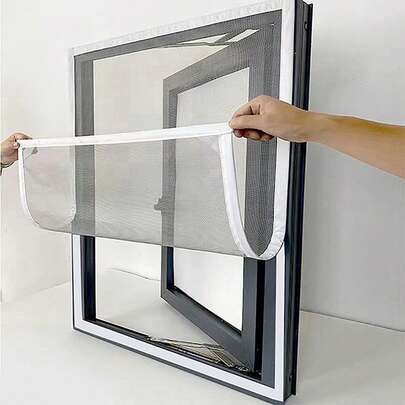 1pc High Quality Grey Mesh With White Trim Hook And Loop Adhesive Mosquito Net Screen, Easy Installation Without Drilling, Suitable For Home Doors And Windows, Essential For Summer