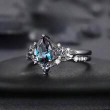 两件套哥特式黑金梨形蓝色水钻订婚戒指，黑色花朵叠戴戒指配饰 - 黑色 - 查看 4