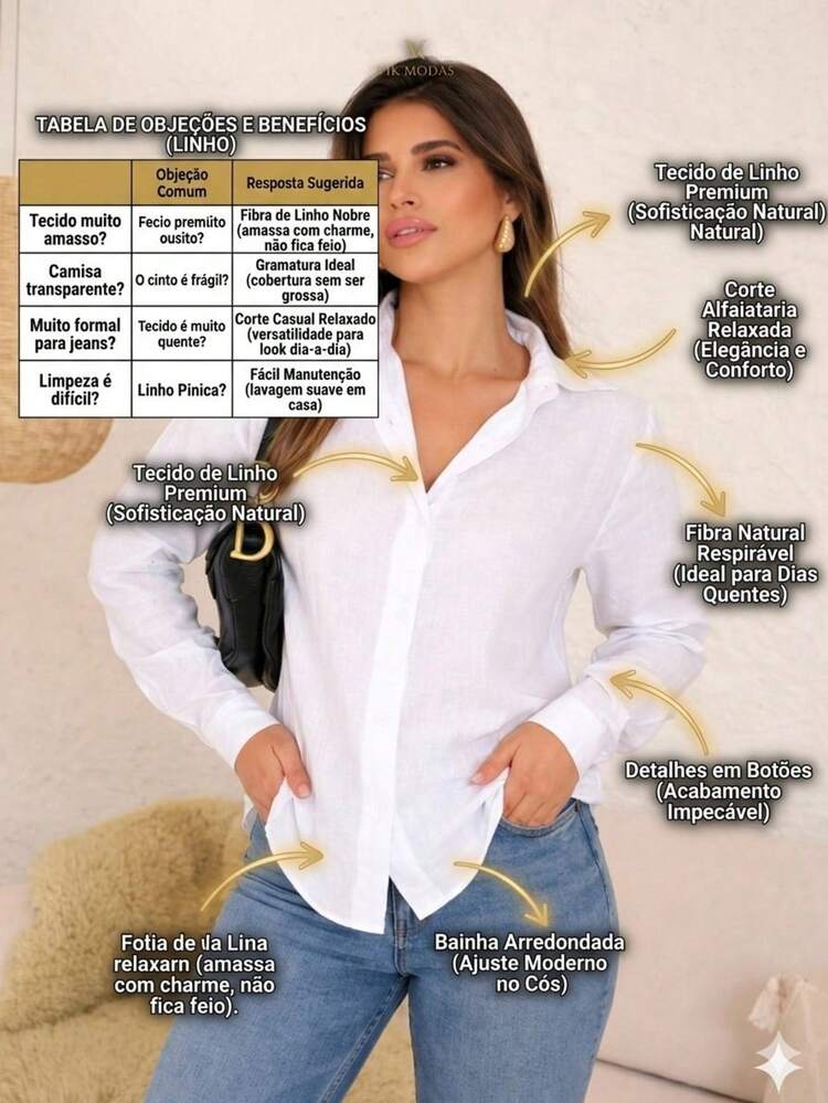 Camisa em Linho estilo social feminina com gola e botões  Simples    Botões na frente  Botão - Branco - Visão 2