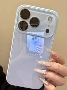 Luxury Pink Glossy Mirror Element Solid Glass Phone Case Suitable For 17 Pro Max 16 15 14 13 12 11 Pro Max Lens Protection Shock-Resistant Frame Hard Back Cover Spring Gift Party - 淺藍色 - 查看 1