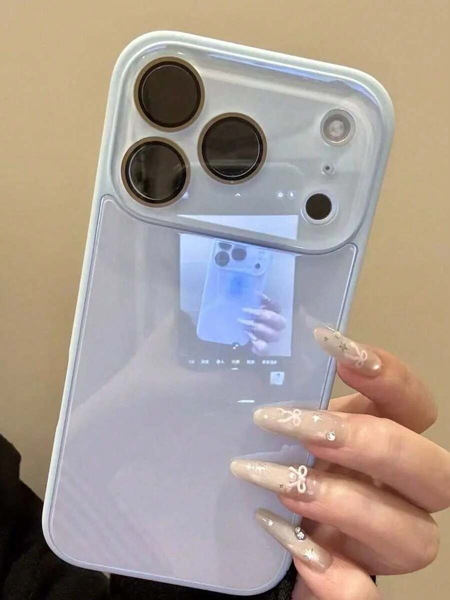 Luxury Pink Glossy Mirror Element Solid Glass Phone Case Suitable For 17 Pro Max 16 15 14 13 12 11 Pro Max Lens Protection Shock-Resistant Frame Hard Back Cover Spring Gift Party - 淺藍色 - 查看 1