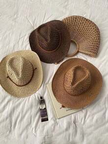 Bohemian Style Hollow Straw Hat, Summer Fashion Beach Vacation UV Protection Woven Khaki Hat - A - View 5